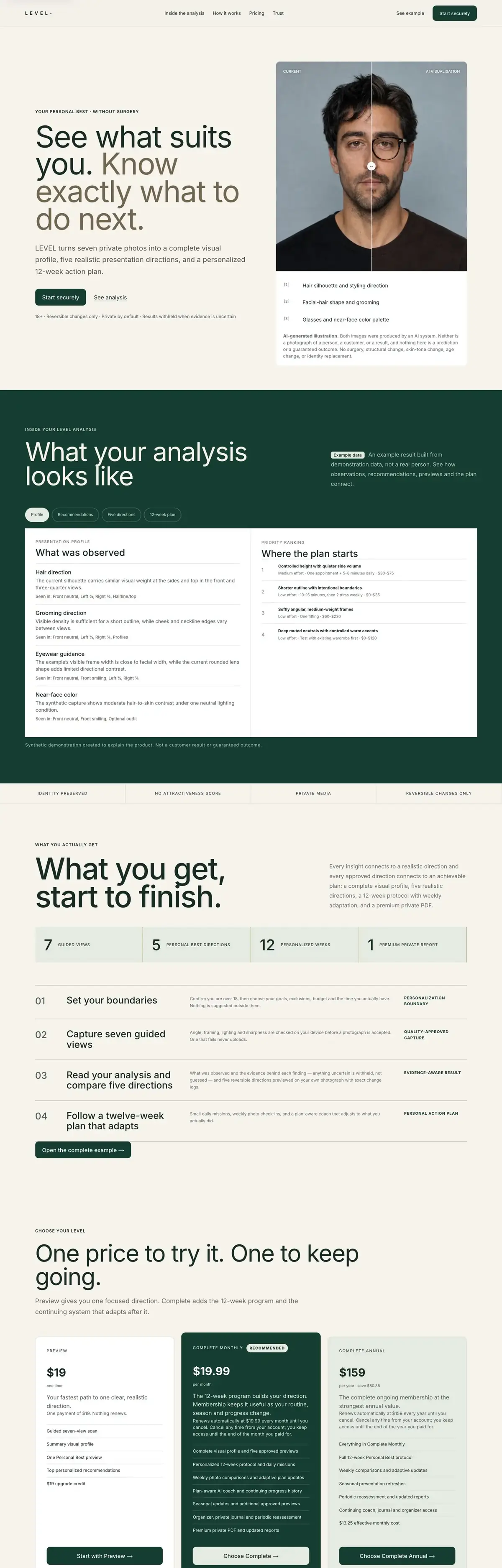 LEVEL website, scrolling through its main page